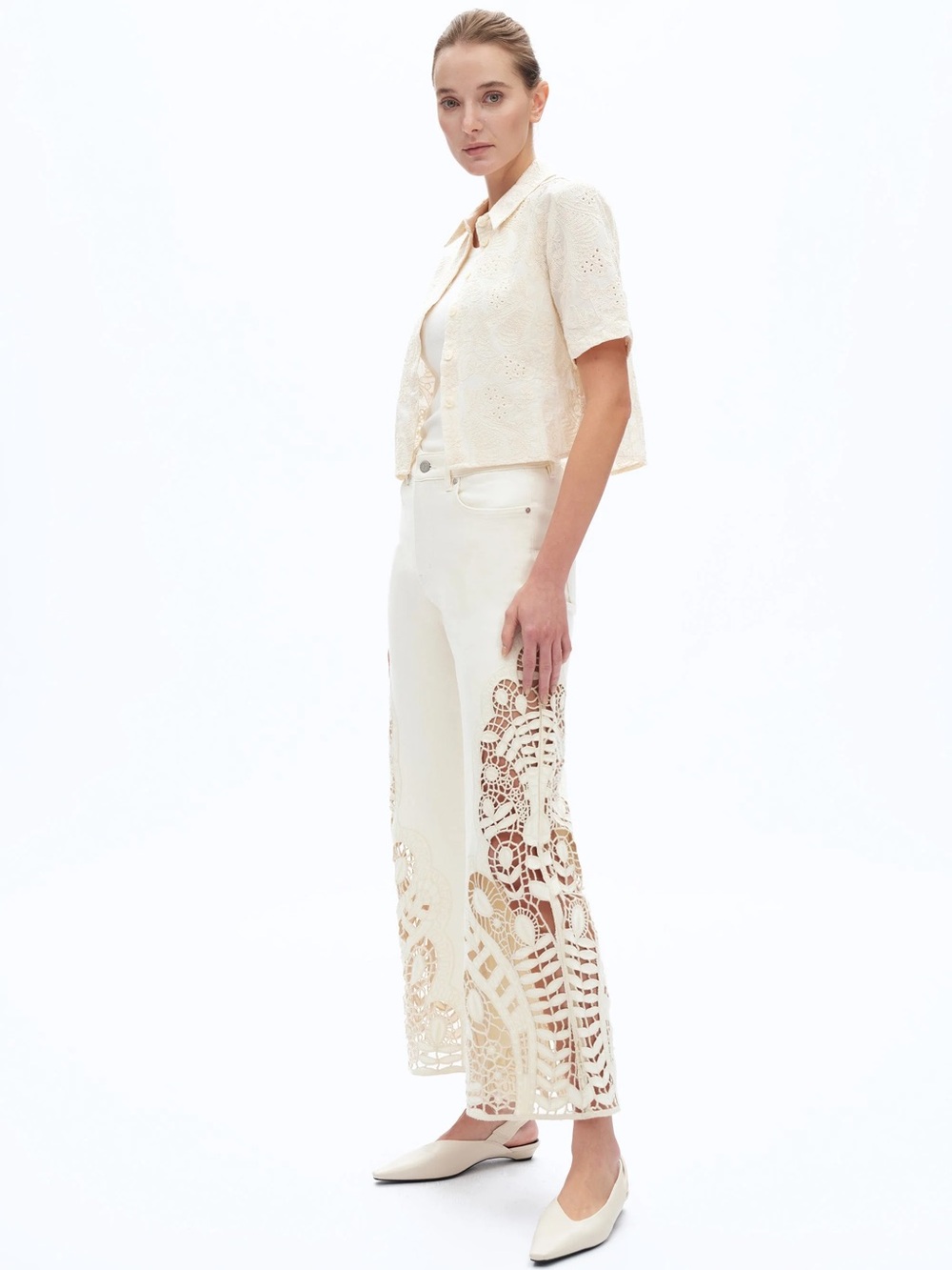 Bayeas High Rise Lace Wide Leg Woven Jean